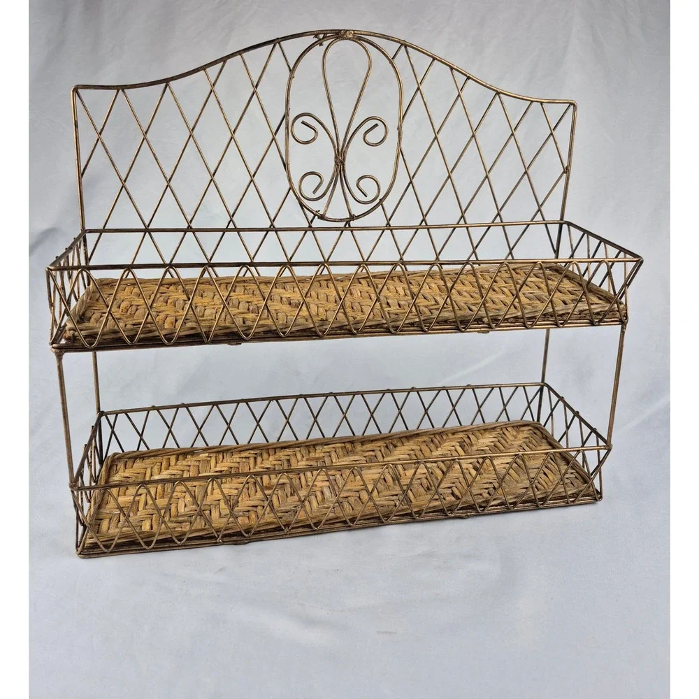 Vintage Bronze Metal 2 Tier Wall Shelf Wicker Rattan Boho Bathroom Display Rack